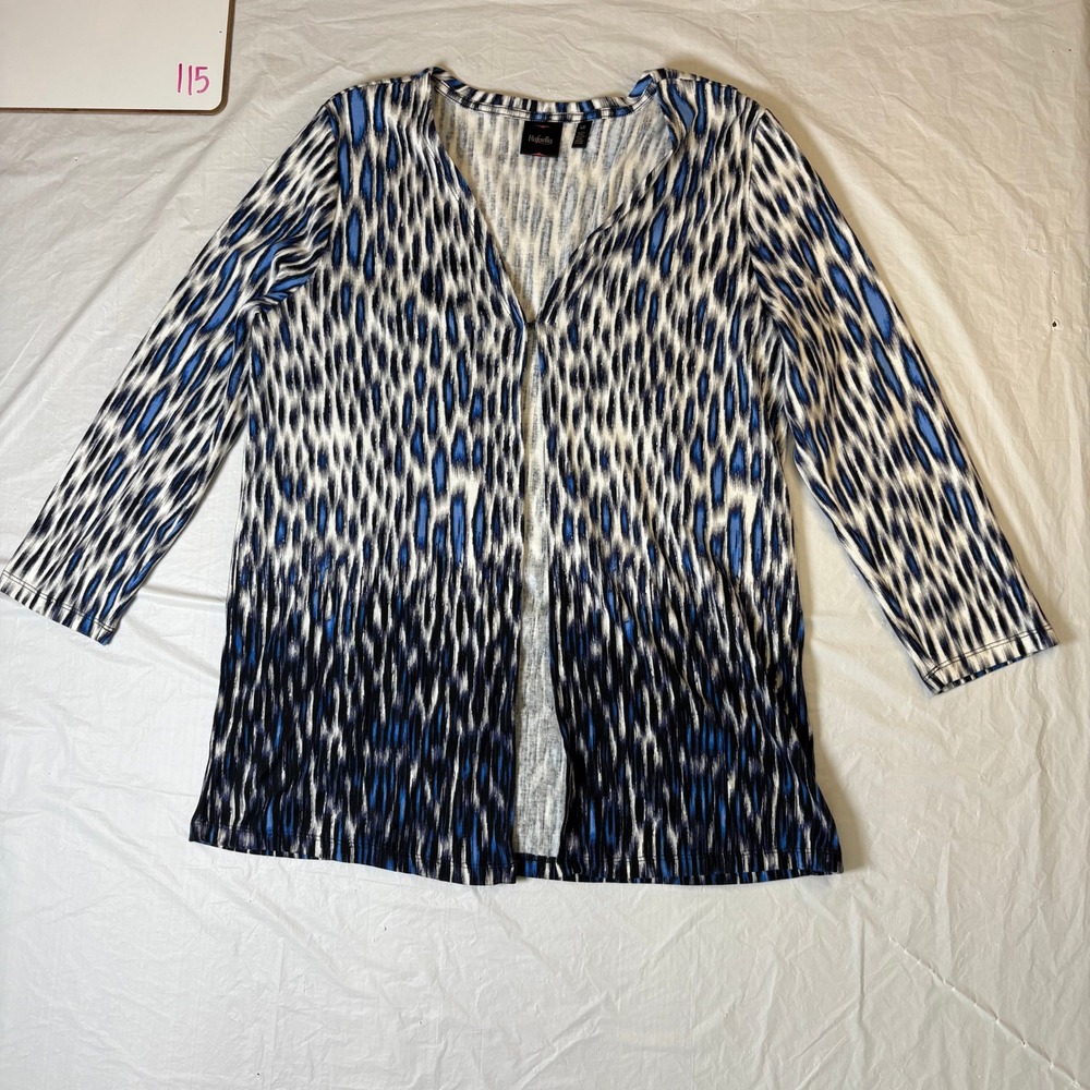 Rafaella Women's Blue White Black Abstract Print Open Front Cardigan Top‎ Size L